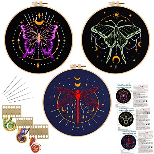 Louise Maelys 3 Set Tarot Embroidery Kits for Beginners with Moon Butterfly Dragonfly and Moth Pattern,Adults Starter Cross Stitch Kit DIY Needlepoint Kits - kit-5