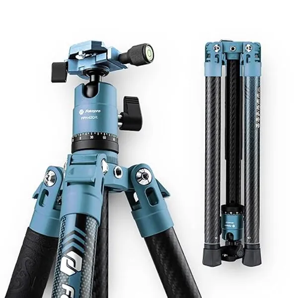 Fotopro 60 Inch Carbon Fibre Travel Tripod, Lightweight Professional Camera Tripod with 360 Ball Head 1/4 Quick Release Plate Foldable Size 14.3 Inch Max Loads Up 10kg X-Aircross Blue - X-Aircross 3 Blue