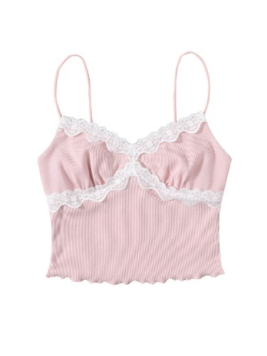 SweatyRocks Women's Lace Patchwork Spaghetti Strap Crop Cami Cute Ribbed Knit Slim Fit V Neck Camisole Tank Tops