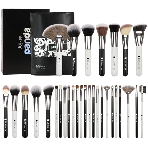 DUcare Professional Makeup Brushes Panda Series Makeup Brush Set Valentines Day Gifts 31Pcs Kabuki Foundation Blending Face Powder Blush Concealers Eye Shadows With Leather Case Organizer - white and Black