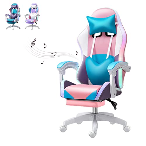 Gaming Chair with Speakers and RGB LED Lights, Video Game Chair Swivel Reclining Racing Computer Chair with Headrest & Lumbar Support, PU Leather High Back Office Chair - Pink