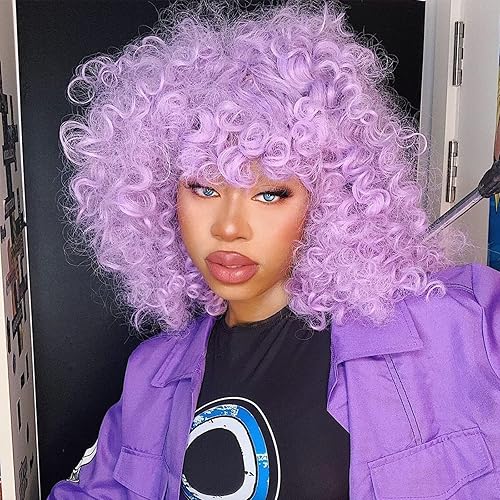 PHOENIXFLY Purple Curly Wigs for Black Women Short Curly Wigs for Women Curly Synthetic Hair Wigs Heat Resistant Hair Replacement Wigs with Wig Caps (Purple) - Purple