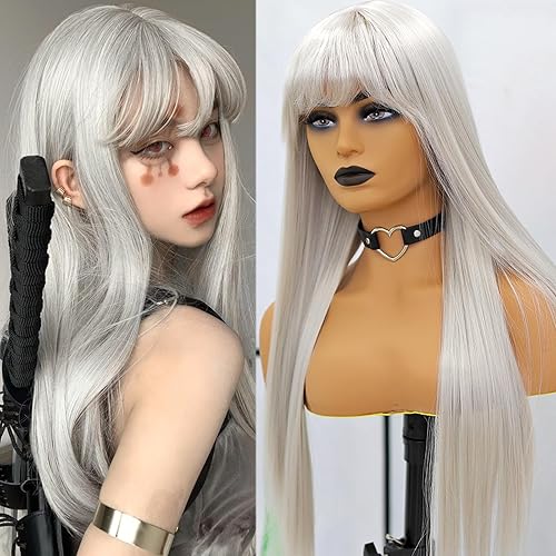 Fugady Silver Long Straight WIG With Bangs For Women Synthetic Grey Wig Colorful Wigs Heat Resistant Grey Wig For Woman Egirl Wig Halloween Wig (Synthetic, 24 Inch) - Silver Grey wig