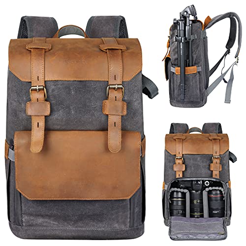 Endurax Leather Camera Backpack Bag for Photographers Waterproof DSLR Backpacks fit up to 15 Laptop Upgrade, Black, Medium, Travel Backpacks - Khaiki