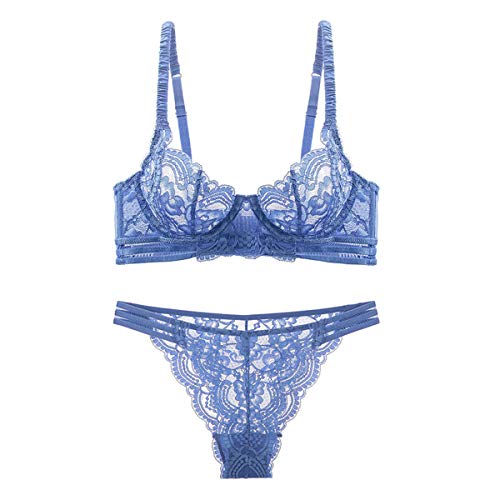 Guoeappa Women's Sexy Soft Lace Lingerie Set See Through Underwear Floral Lace Underwire Sheer Bra and Panty Set - Blue - 34D