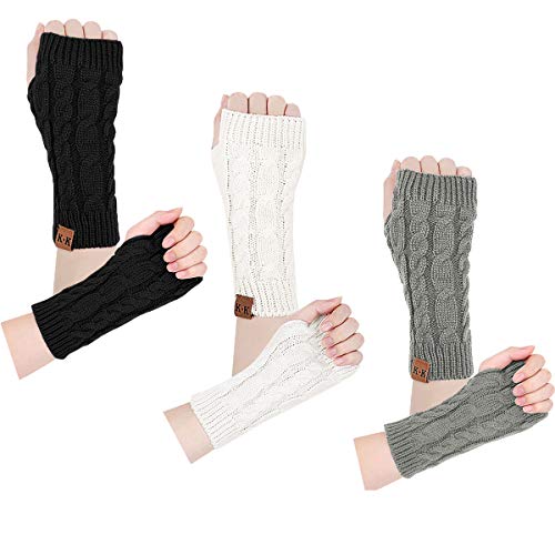 Fingerless Gloves Women – Warm Knitted Arm Warmers Womens Gloves Winter Fingerless Mittens Half Finger Ladies Gloves - Black+white+gray