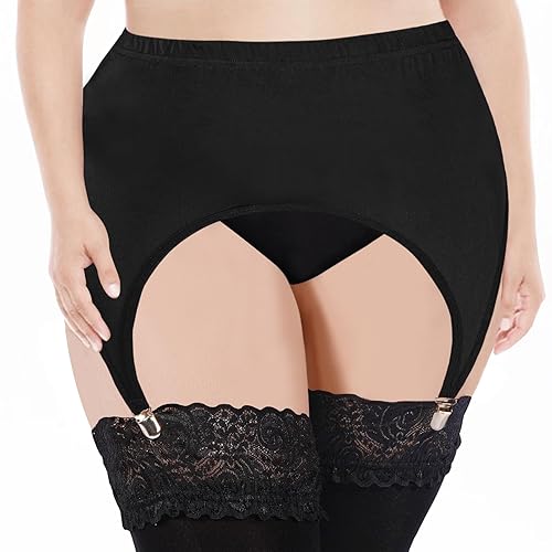 Garter Belt Plus Size High Waist Garter Belts with 4 Vintage Metal Clips for Stockings Womens Lingerie - 2XL/3XL - Black