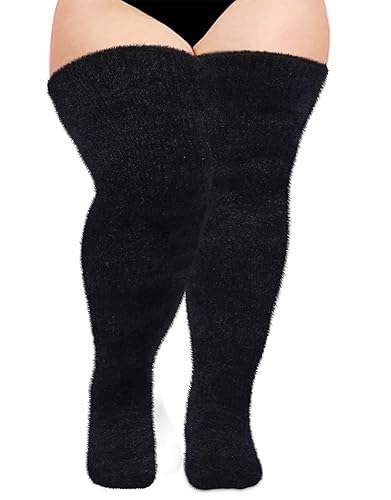 Plus Size Plush Thigh High Socks for Women Fuzzy Stocking Thick Over the Knee Socks Fleece Leg Warmers Boot Socks - Black