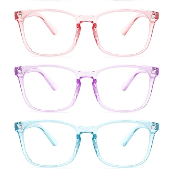 Blue Light Blocking Glasses for Women Men, 3-Pack Fashion Square Fake Nerd Eyeglasses Frame Anti UV Ray Filter Computer Gaming Glasses (Pink+purple+blue)