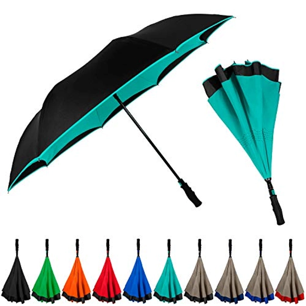 StrombergBrand Inversa Umbrella (Reversible Umbrella), Double Layer Large Windproof, Waterproof & Lightweight Inverted Umbrella For Women and Men, Self Standing Umbrella Reverse Close - Teal Blue