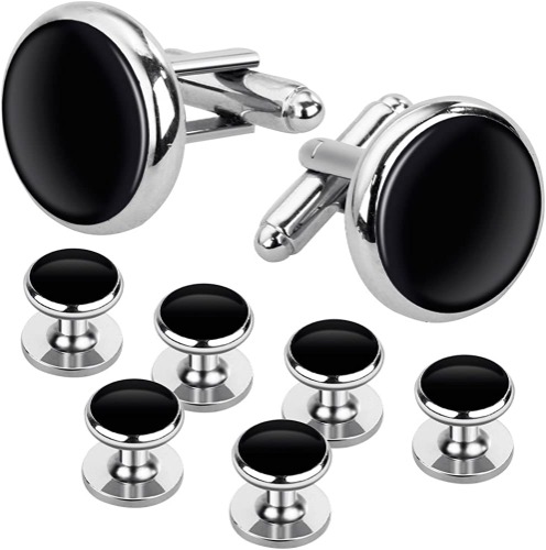 Rovtop Mens Cufflinks and Studs, Tuxedo Shirt Cufflinks and Studs Set for Men, Brass Cuff Links and Shirt Studs for Wedding/Banquet/Ceremony/Business - 8pcs Round Silver & Black - Velvet Bag