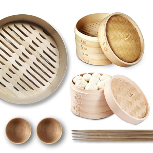 Grown Goods Bamboo Steamer Handmade Basket with Lid | 10 inch 2 Tier Steaming Basket Traditional Design | For Dumplings, Rice, Dim Sum, Vegetables, Fish, and Meat | Includes 50 liners, 2 bamboo sauce