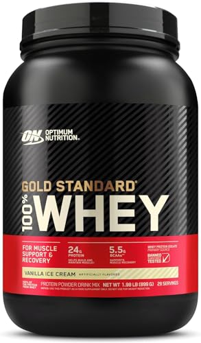 Optimum Nutrition Gold Standard 100% Whey Muscle Building and Recovery Protein Powder With Naturally Occurring Glutamine and BCAA Amino Acids, Vanilla Ice Cream Flavour, 30 Servings, 900 g - Vanilla Ice Cream