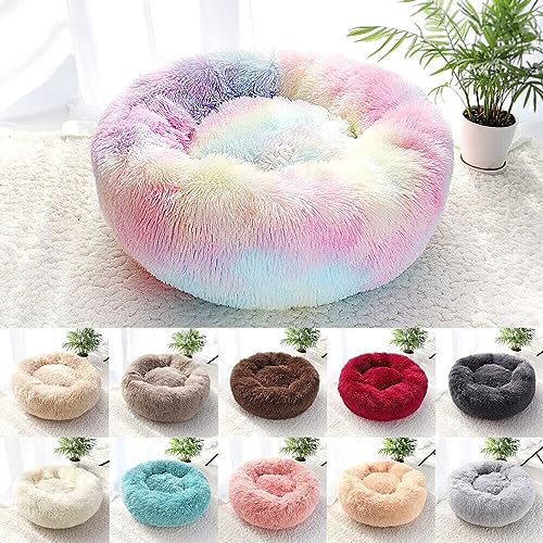 Cat Beds for Indoor Cats - Cat Bed Washable 20/24 inches, Dog Beds for Small Medium Dogs, Anti Anxiety Round Fluffy Plush Faux Fur Cat Bed,Thick Bottom Keep Pets Off The Cold Tile - Medium - Rainbow