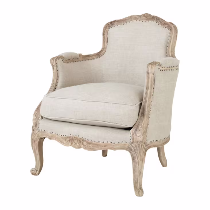 Fauteuil bergère en lin pieds en manguier blanchi