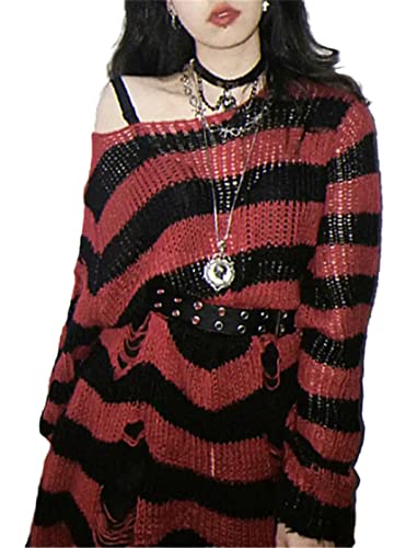 Goth Y2K Striped Sweater Ripped Punk Gothic Sweaters for Women Harajuku Aesthetic Halloween Pullover Tops - One Size - Red and Black