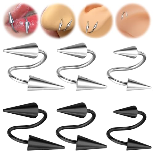 BodyAce Spike Nose Rings Spiral Lip Rings, Stainless Steel Black Spike Earrings Cartilage Helix Piercing, Punk Spike Lower Labret Studs Piercing Jewelry - Bar Length:8mm