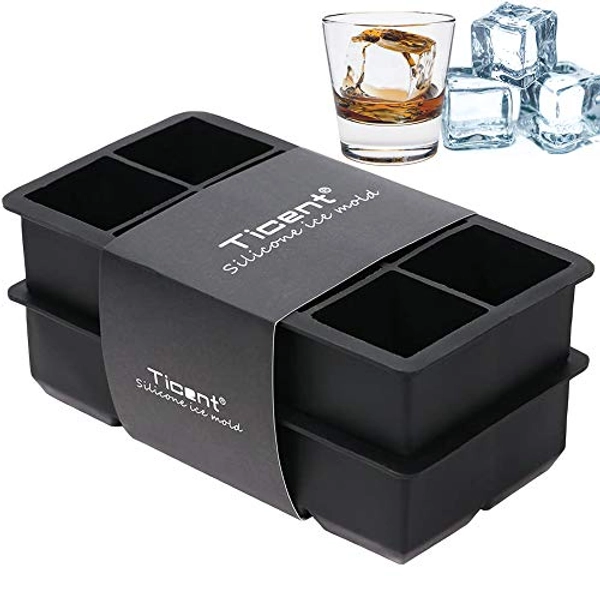 Ticent Large Ice-Cube-Tray Silicone Ice-Cube-Mold 2-Inch Ice Cubes for Whiskey and Cocktail, Pack of 2 - Black