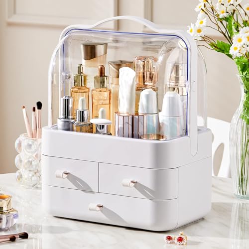RMAN Makeup Organizer and Storage for Vanity with Lid and Drawers Countertop Waterproof and Dustproof Portable Make up Skincare Cosmetics Organizers - 0 Whhite