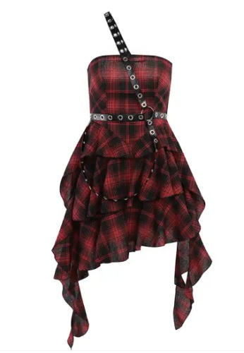 Black Burgundy Plaid Goth Punk Dress - Red+black / L