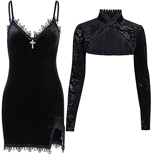 TSMNZMU Womens Gothic 2 Piece Dress Vintage Velvet Emo Lolita Dress Punk Grunge Dress Long Sleeve Alt Harajuku Dress - Z - X-Large
