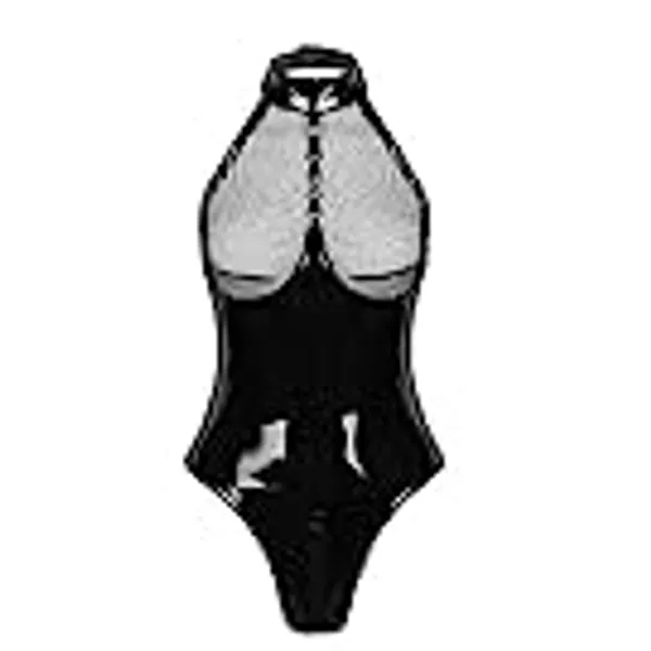 Haitryli Womens Wetlook Patent Leather Sleeveless Halter Neck Teddy Zipper Crotch Leotard Bodysuit Clubwear Nightwear / X-Large