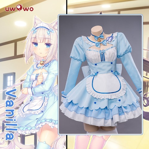 【In Stock】Uwowo Plus Size Game Nekopara vol.4 Vanilla Maid Dress Cosplay Costume Cute Blue Dress - 【In Stock】Set A L