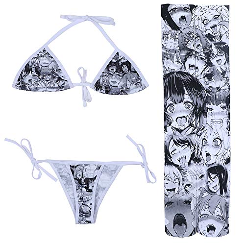 Quker Bean Lolita Japanese Manga Anime Ahego Face Micro Bikini Bra and Thong Set Thigh High Stockings Outfits - Gray