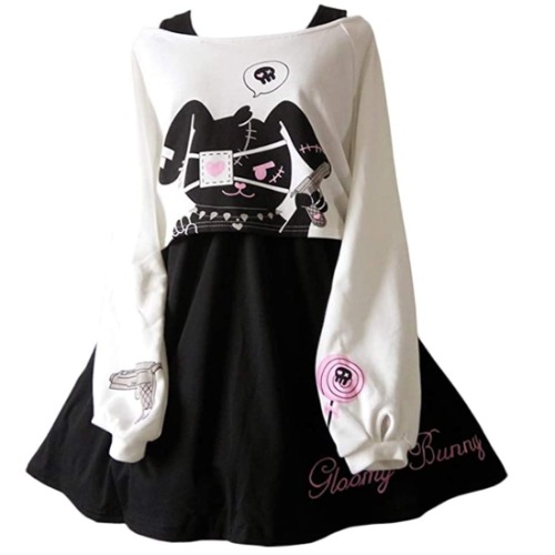 Himifashion Robe japonaise en coton avec imprimé lapin Kawaii - 2 pièces - Noir et blanc