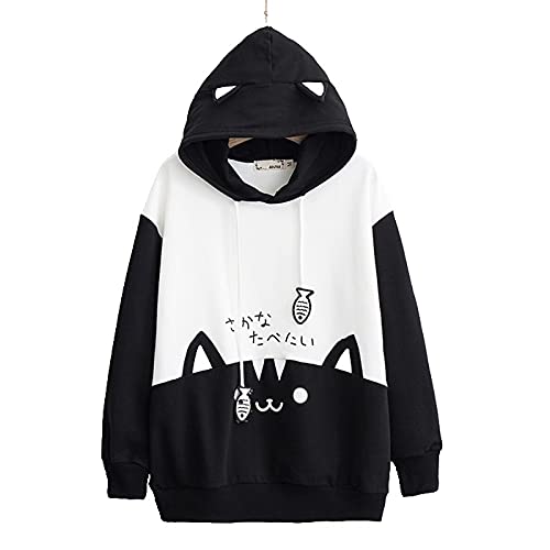Esdlajks Kawaii Hoodie pour Femme - Japonais Femme Automne Nouveau Cute Cute Cat Stitching Capuche Studé Girl Casual Pull à Manches Longues (Color : Black, Size : XL)