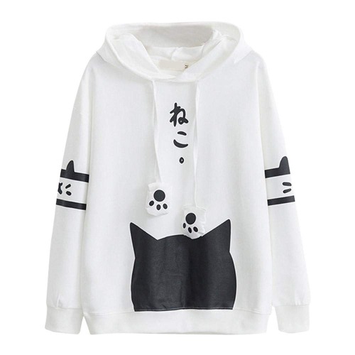Sweat À Capuche Décontracté À Manches Longues pour Femmes Casual Cool Chic Print Cute Kitty Cat Print Pocket Thin Hoodie Blouse Top Shirt # Ew-White_Hoodie__XL