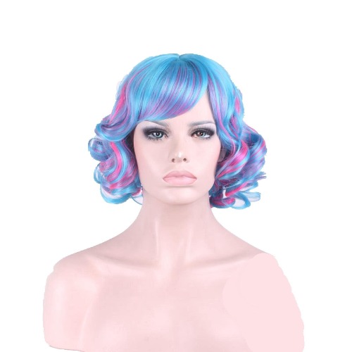 Mix Blue Pink Short Curly Wig With Bangs Halloween Costume Synthetic Hair Cosplay Wig For Women High Temperature
