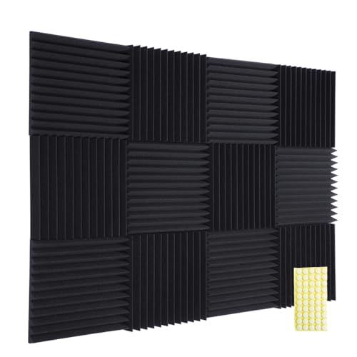TRUE NORTH Acoustic Foam Panels 12 Pack w/Adhesive - (2" Thick) Acoustic Panels Sound Absorbing Panel - Sound Panels Noise Reducing For Walls - Sound Foam Panels, Sound Pads For Walls, Noise Foam - 2 Inch - Charcoal Black