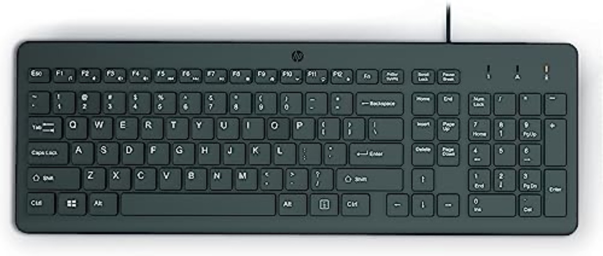 HP 150 Wired Keyboard - Full-Sized, Keyboard with Numeric Keypad - Silent-Touch Chiclet Keyboard - Ergonomic, Comfortable Design - USB Plug-and-Play Connectivity, LED Indicators (240J7AA, Black)
