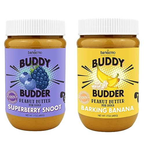 Bark Bistro Company, Superberry Snoot + Barkin' Banana, 100% Natural Dog Peanut Butter, Healthy Dog Treats, Stuff in Dog Toy, Dog Enrichment - Made in USA (Set of 2 / 17oz Jars)