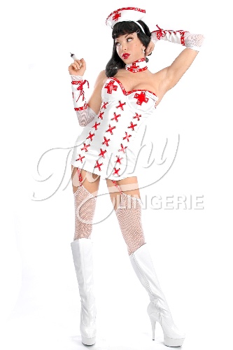 Nurse Napalm Strapless Garter Dress | White Pleather with Red Trim / X-Large