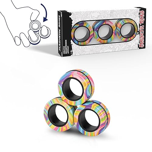 Magnetic Rings Fidget Toy Set, Idea ADHD Fidget Toys, Adult Fidget Magnets Spinner Rings for Anxiety Relief Therapy, Fidget Pack Great Gift for Adults Teens Kids (A) - Yellow