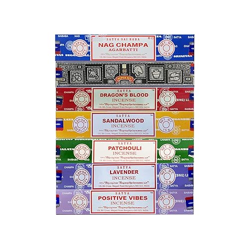 Satya Incense Gift Set Nag Champa, Super hit, Dragon's Blood, Sandalwood, Patchouli, Lavender, Positive Vibes, 15 g - Scented