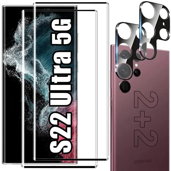 ZQWpan [2+2 Pack] for Samsung Galaxy S22 Ultra Screen Protector Tempered Glass Camera Lens Protector, 3D Curved，9H hardness, clear, easy to install, applicable to Galaxy S22 Ultra 5G(6.8")