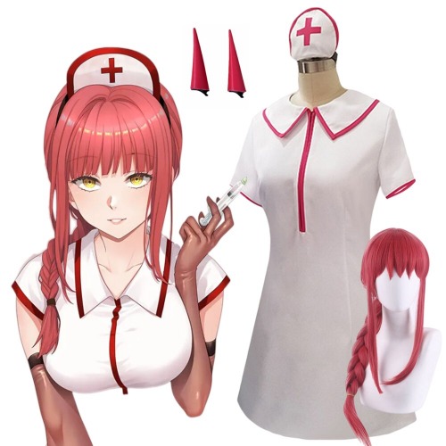 Anime Chainsaw Man Cosplay Makima Costume Power Sexy Nurse women Uniform Gloves Stockings Set