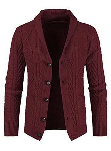 JMIERR Men's Casual Long Sleeve Shawl Collar Buttons Down Cable Knit Cardigan Sweater with Pockets - Large A Black