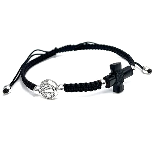 CRUZONE St Benedict Medal Adjustable Red String Spiritual Bracelet for Mens Pulsera San Benito para Hombre (Black) - Black