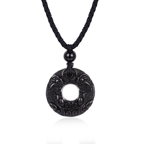 HASKARE Natural Energy Stone Pendant Engraved Black Obsidian Healing Necklace Adjustable - Multi, Protection Necklace