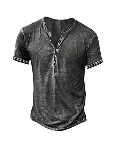 Mens Distressed Henley Shirts Retro Long Sleeve Tee Shirts Casual Button Down Washed T-Shirts for Men - Black Large