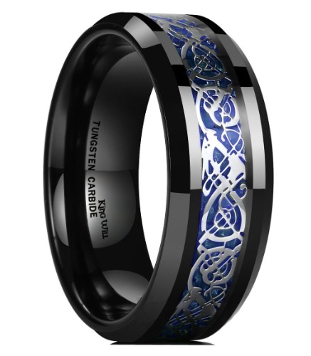 King Will DRAGON Men Tungsten Carbide Ring 8mm Silver/Blue/Black Celtic Dragon Wedding Band Polish Finish - A-Black-Blue 13