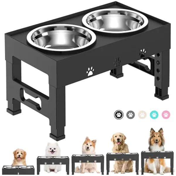 LAKIPETN Elevated Dog Bowls 5 Height Adjustable with 2 Stainless Steel Dog Food Bowls Stand Non-Slip No Spill Dog Dish Raised Dog Bowl Adjusts to 3.1”, 9”, 10”, 11”, 12” for Medium Large Dogs