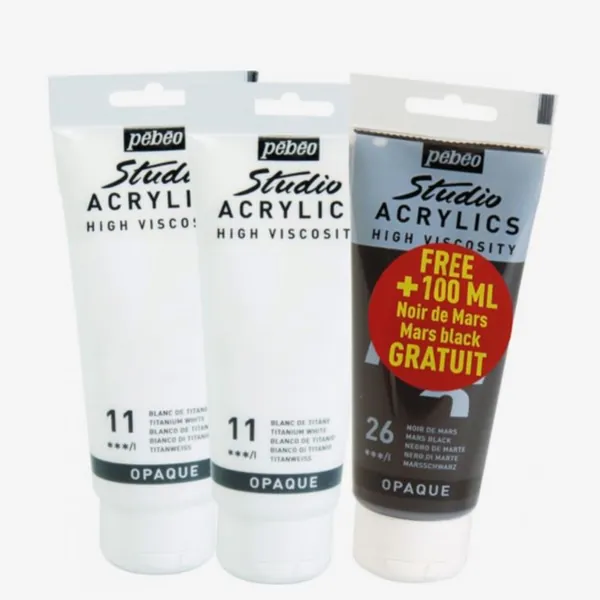 Akrylové farby Pebeo Studio Acrylic - sada biela a čierna / 3 x 100 ml