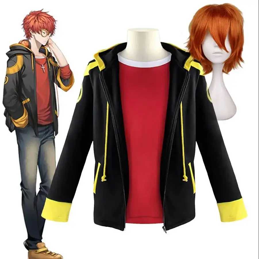 707 Fantasia Cosplay Mystic Messenger, jaqueta com zíper, capuz com peruca curta laranja, camiseta vermelha e peruca - AliExpress 200000532