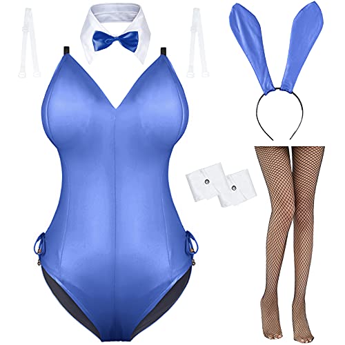 AiMiNa Womens Bunny Costume Girl Suit Senpai Cosplay Anime Role Costume One Piece Bodysuit stockings set - Large - Blue-removable Padded
