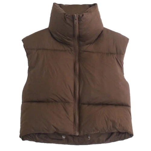 KEOMUD Women's Winter Crop Vest Lightweight Sleeveless Warm Outerwear Puffer Vest Padded Gilet - Brown Small